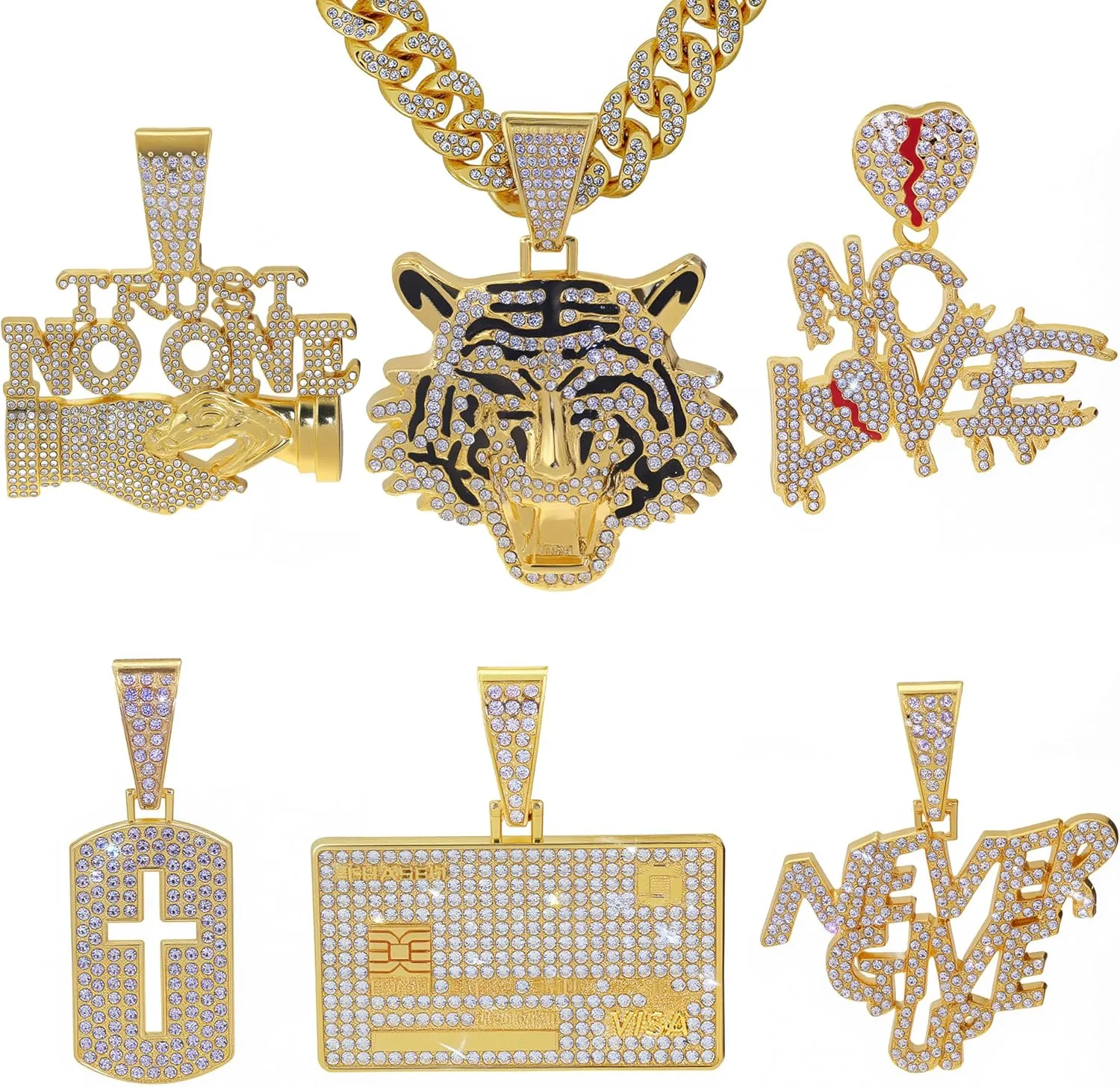 GuoShuang Silver Cuban Link Chain for Men with Pendant,miami Ice Out Diamond Cuban Link Tiger Cross Never Give UP Cridit Card VISA Necklace Hip Hop Jewelry men necklace