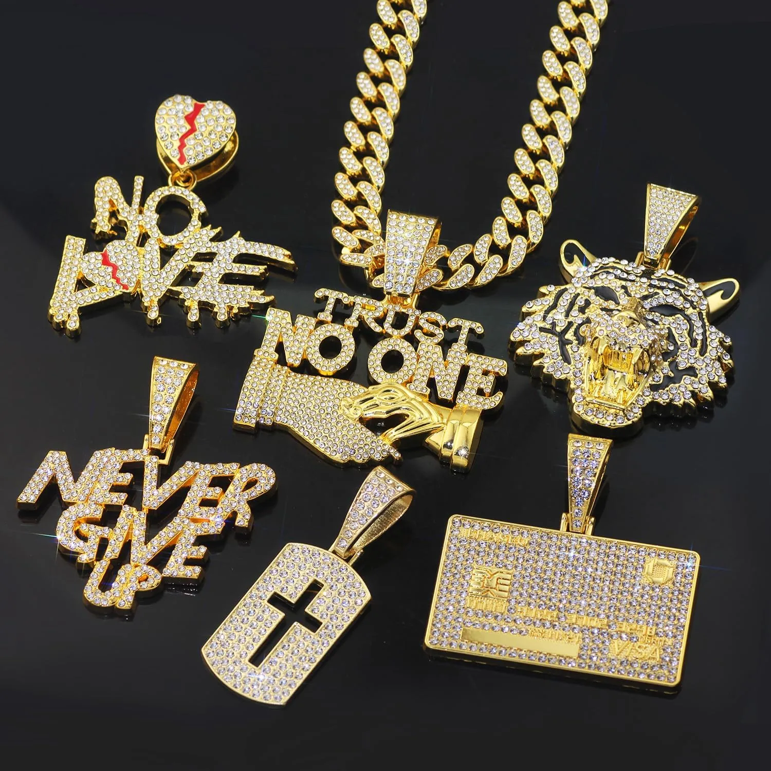 GuoShuang Silver Cuban Link Chain for Men with Pendant,miami Ice Out Diamond Cuban Link Tiger Cross Never Give UP Cridit Card VISA Necklace Hip Hop Jewelry men necklace
