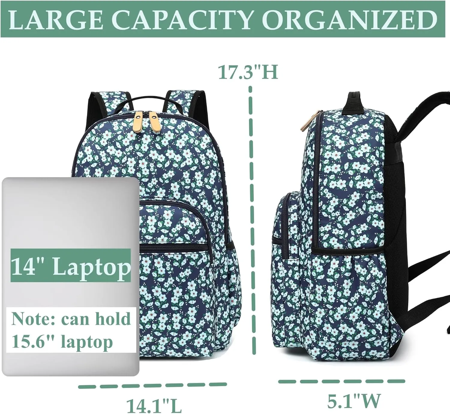 H HIKKER-LINK Fashion Floral Backpack Laptop Backpack Travel Bag Casual Daypack for Weekender Black