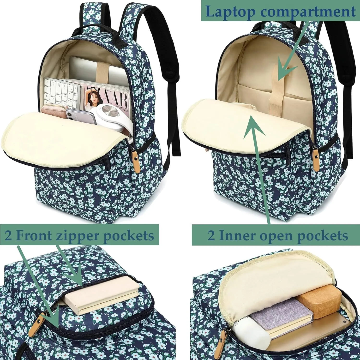 H HIKKER-LINK Fashion Floral Backpack Laptop Backpack Travel Bag Casual Daypack for Weekender Black