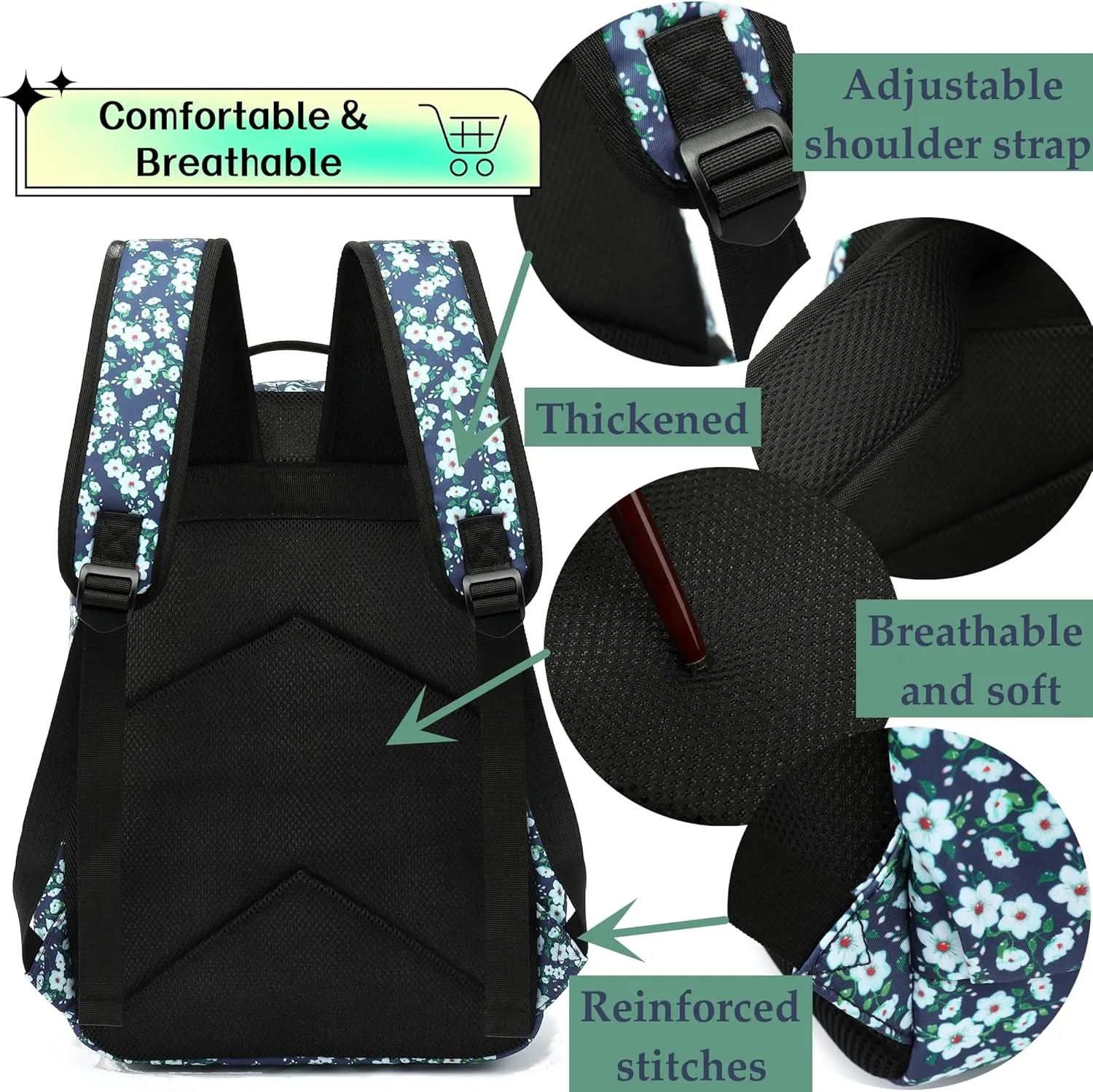 H HIKKER-LINK Fashion Floral Backpack Laptop Backpack Travel Bag Casual Daypack for Weekender Black