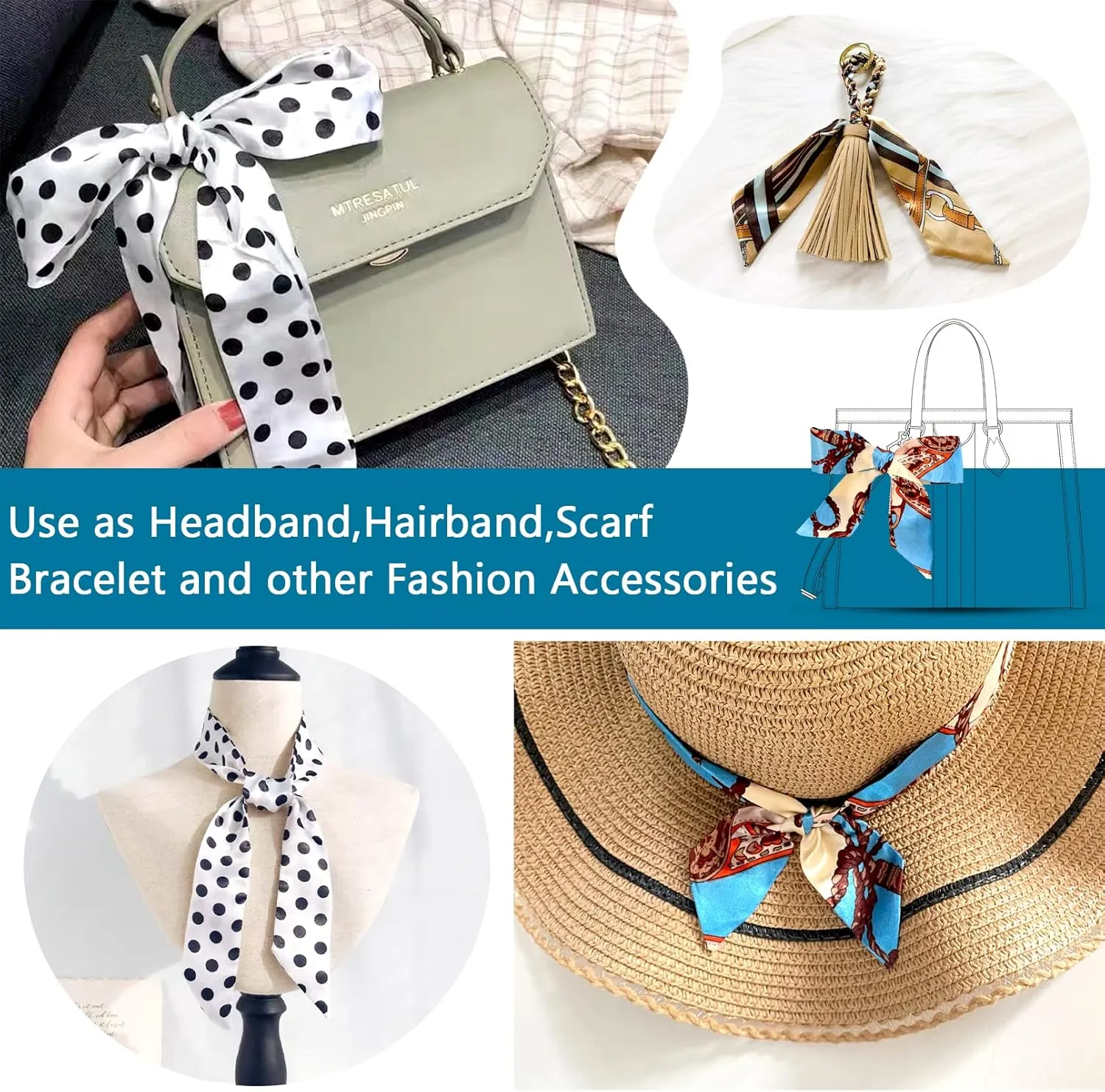 Hairband Handbag Ribbon Scarf, Hair Head Band for Purse Decor, Neck Scarf Skinny for Women Bracelet