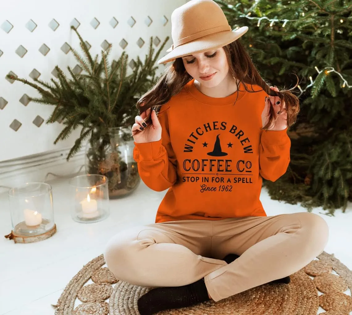 Halloween Sweatshirts for Women Witches Brew Sweatshirt Funny Spooky Season Sweatshirt Ghost Fall Sweater Pullover Tops