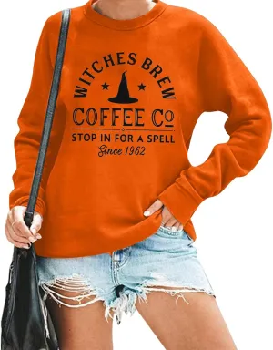 Halloween Sweatshirts for Women Witches Brew Sweatshirt Funny Spooky Season Sweatshirt Ghost Fall Sweater Pullover Tops