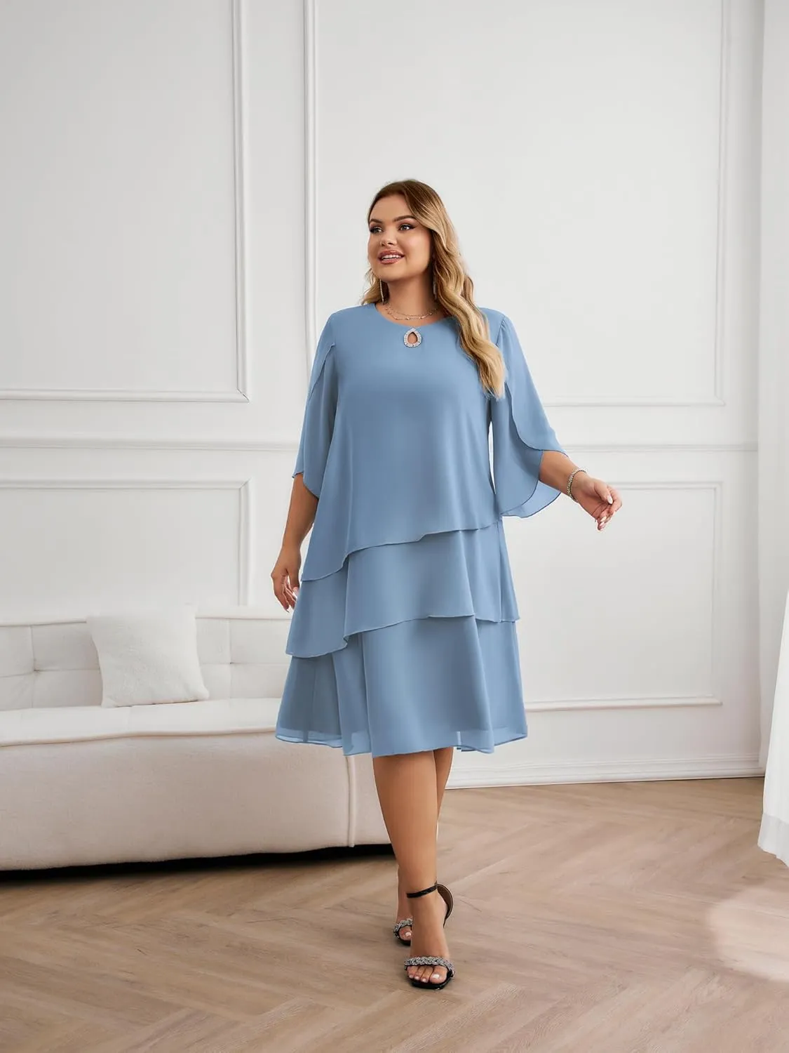Hanna Nikole Plus Size Wedding Guest Dress for Women Layered Hem Chiffon Mother of The Bride Dress