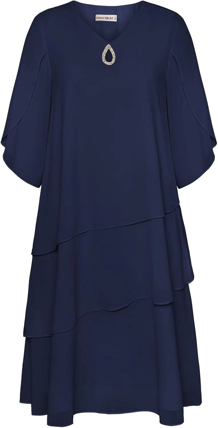 Hanna Nikole Plus Size Wedding Guest Dress for Women Layered Hem Chiffon Mother of The Bride Dress