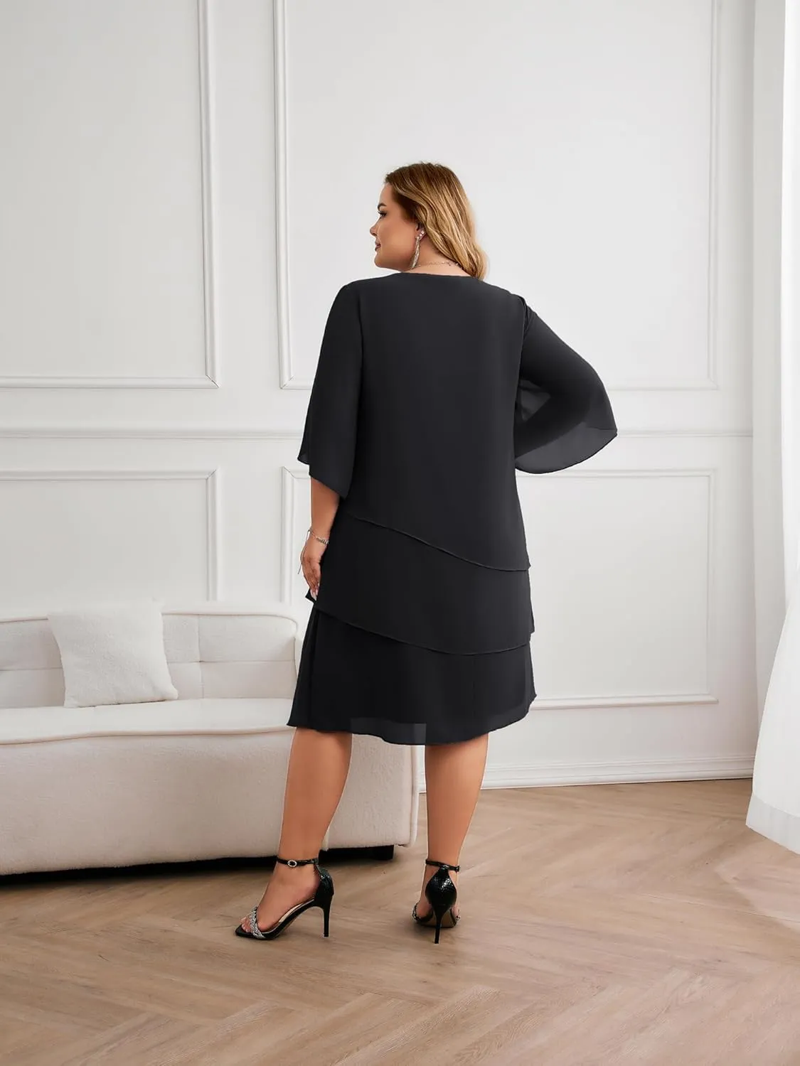 Hanna Nikole Plus Size Wedding Guest Dress for Women Layered Hem Chiffon Mother of The Bride Dress