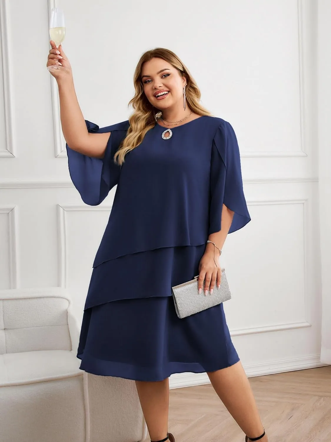 Hanna Nikole Plus Size Wedding Guest Dress for Women Layered Hem Chiffon Mother of The Bride Dress