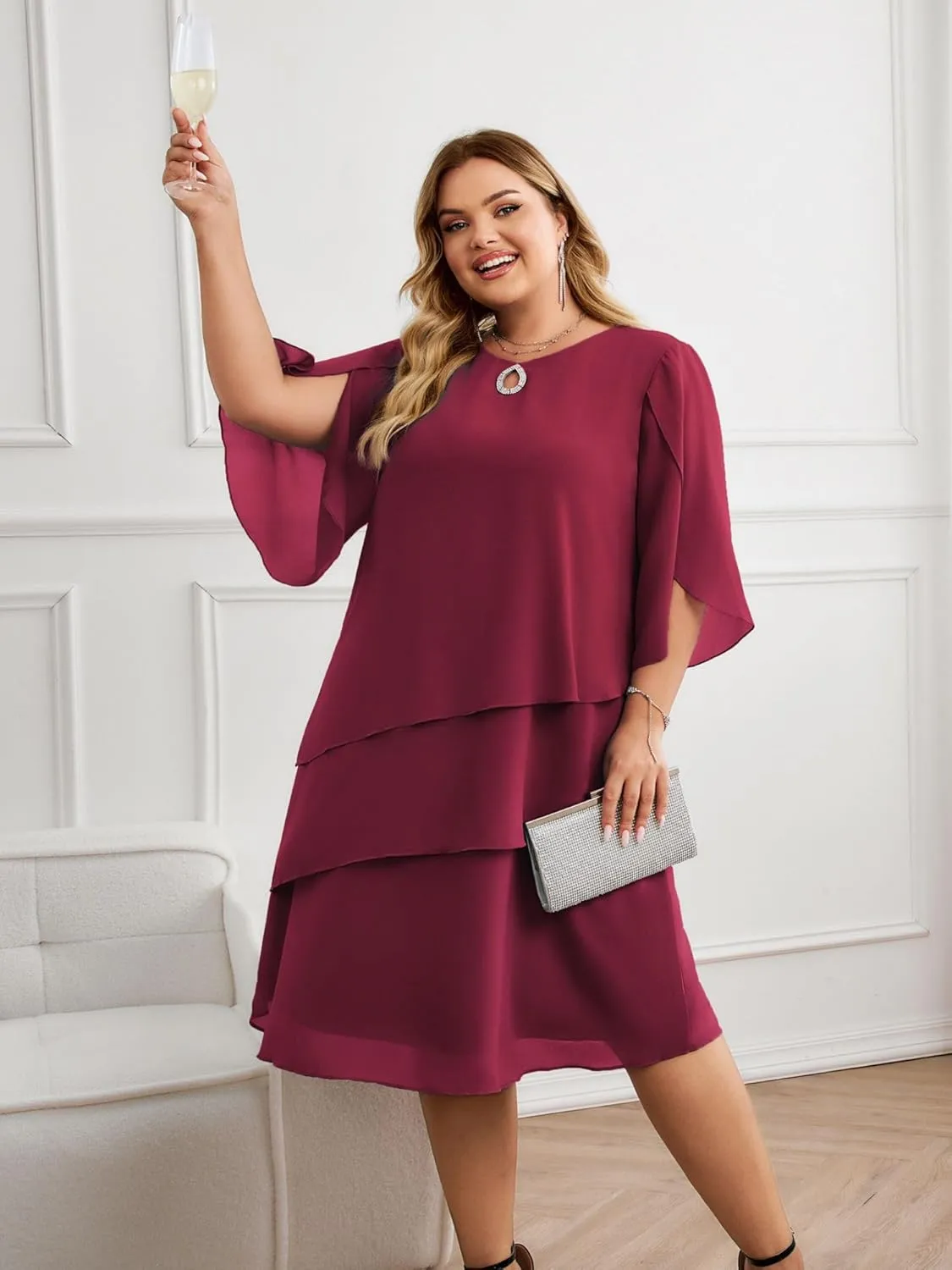 Hanna Nikole Plus Size Wedding Guest Dress for Women Layered Hem Chiffon Mother of The Bride Dress