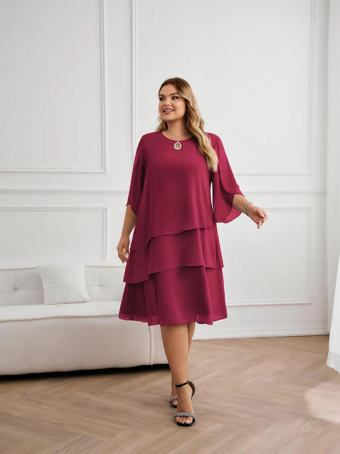 Hanna Nikole Plus Size Wedding Guest Dress for Women Layered Hem Chiffon Mother of The Bride Dress