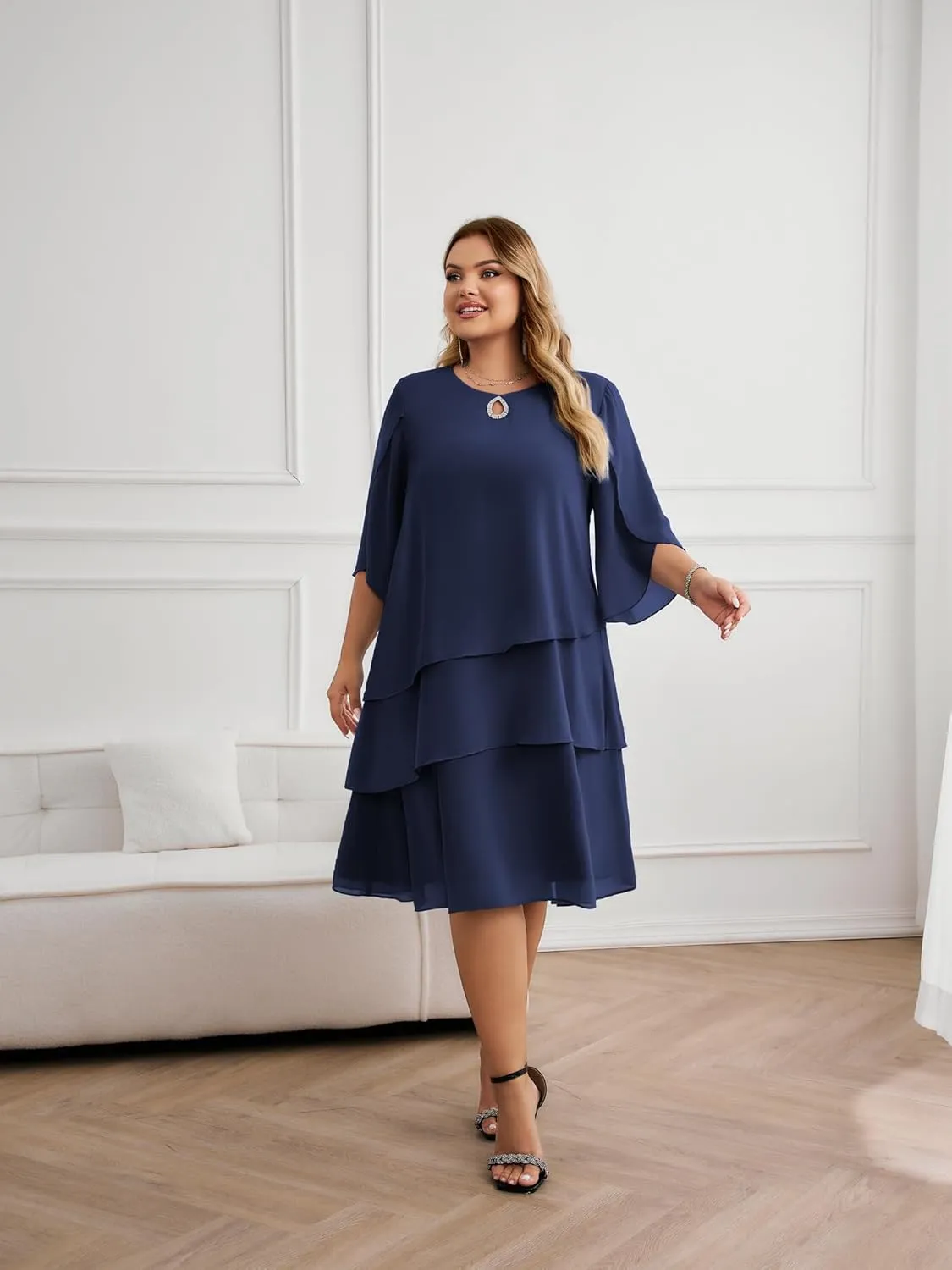 Hanna Nikole Plus Size Wedding Guest Dress for Women Layered Hem Chiffon Mother of The Bride Dress