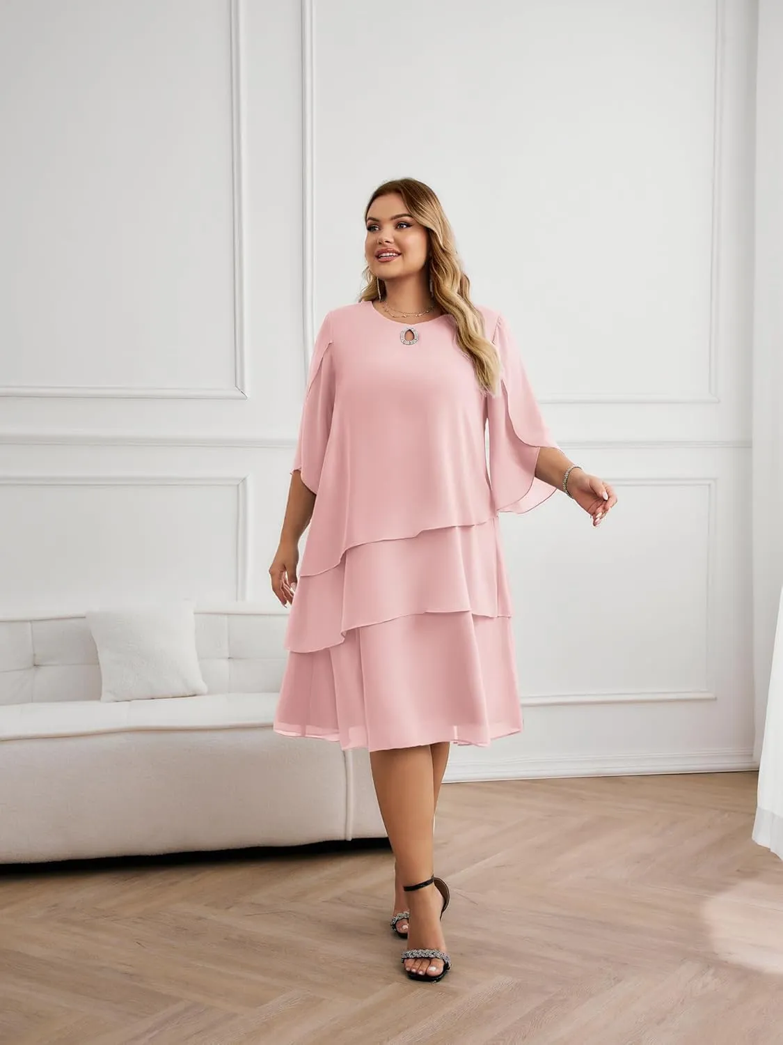 Hanna Nikole Plus Size Wedding Guest Dress for Women Layered Hem Chiffon Mother of The Bride Dress
