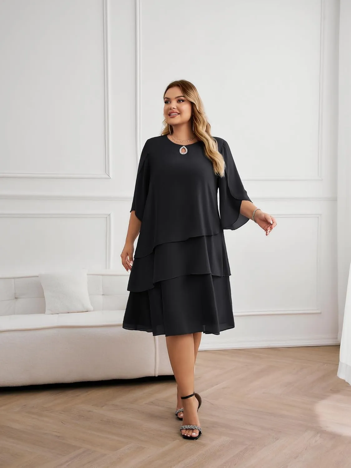 Hanna Nikole Plus Size Wedding Guest Dress for Women Layered Hem Chiffon Mother of The Bride Dress