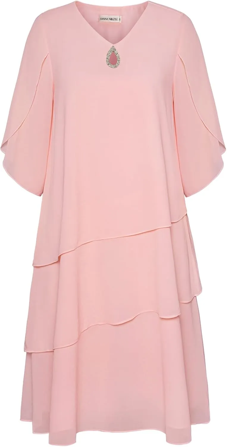 Hanna Nikole Plus Size Wedding Guest Dress for Women Layered Hem Chiffon Mother of The Bride Dress