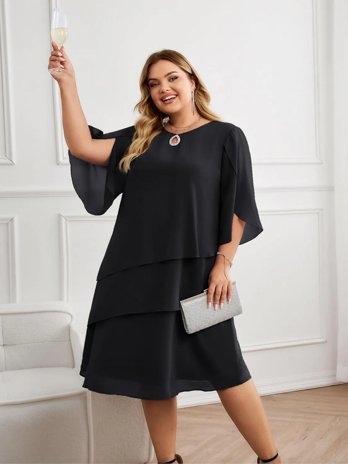 Hanna Nikole Plus Size Wedding Guest Dress for Women Layered Hem Chiffon Mother of The Bride Dress