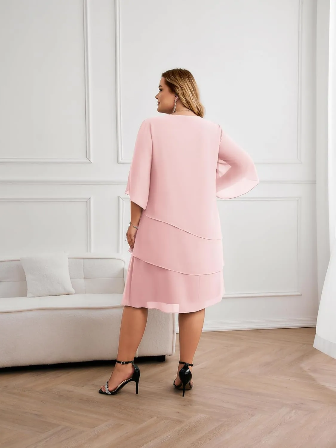 Hanna Nikole Plus Size Wedding Guest Dress for Women Layered Hem Chiffon Mother of The Bride Dress