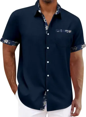 Hawaiian Shirt for Men Button Down Cuban Guayabera Tops V Neck Short Sleeve Aloha Shirts Summer Beach Camp Blouses