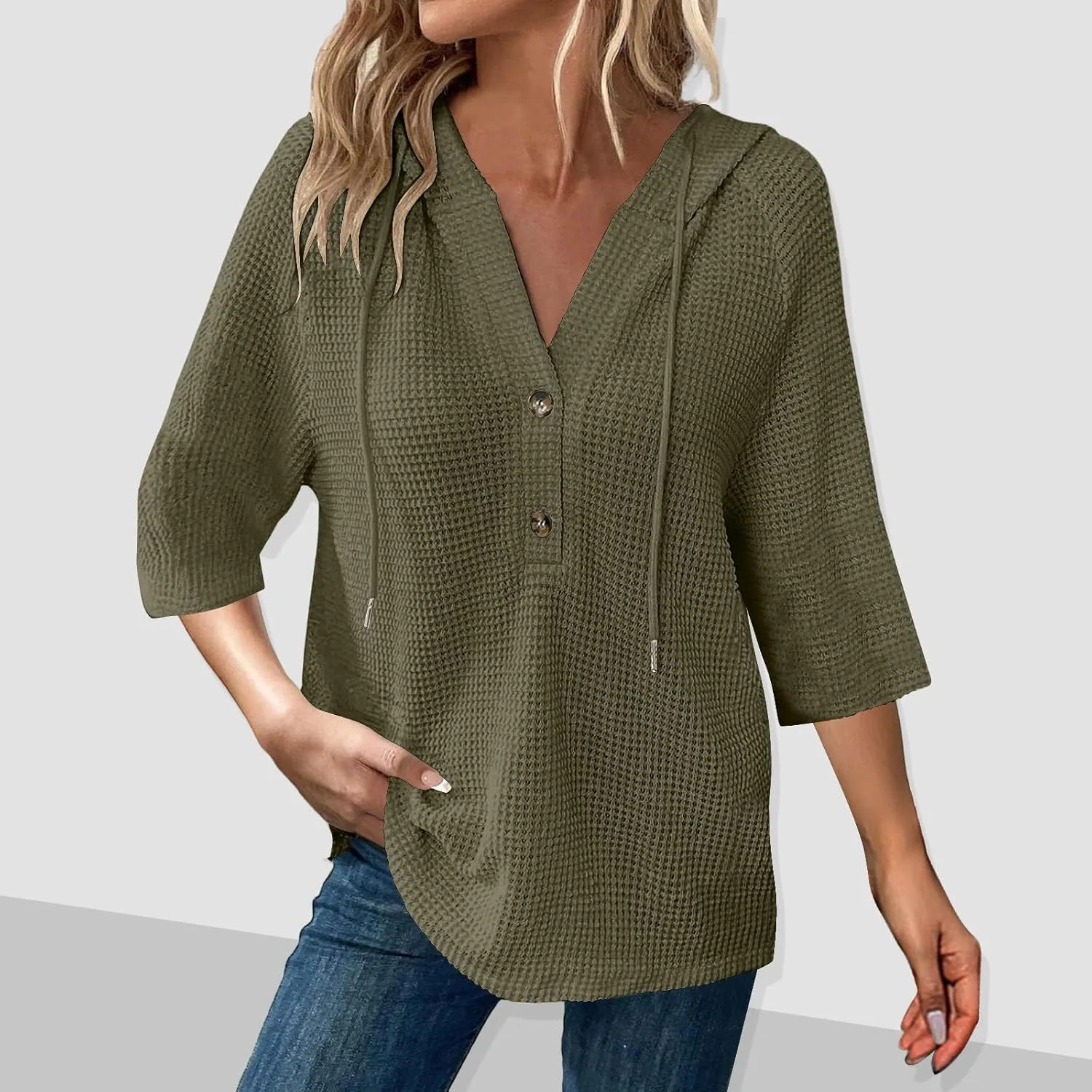 Henley Shirts for Women 3/4 Length Sleeve Button Summer Waffle Hoodies Pullover Cute Vneck Tops Elbow Sleeve Shirts