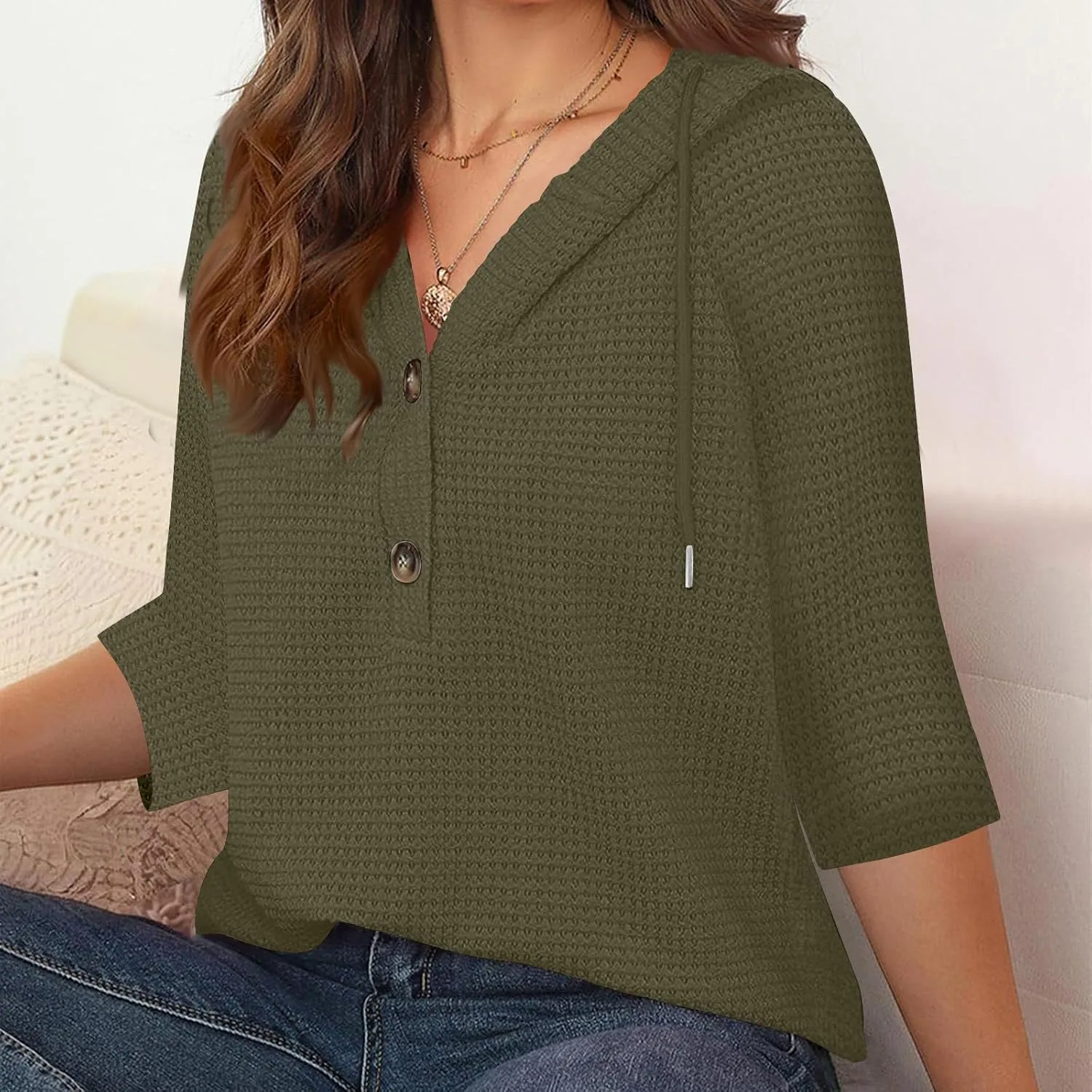 Henley Shirts for Women 3/4 Length Sleeve Button Summer Waffle Hoodies Pullover Cute Vneck Tops Elbow Sleeve Shirts