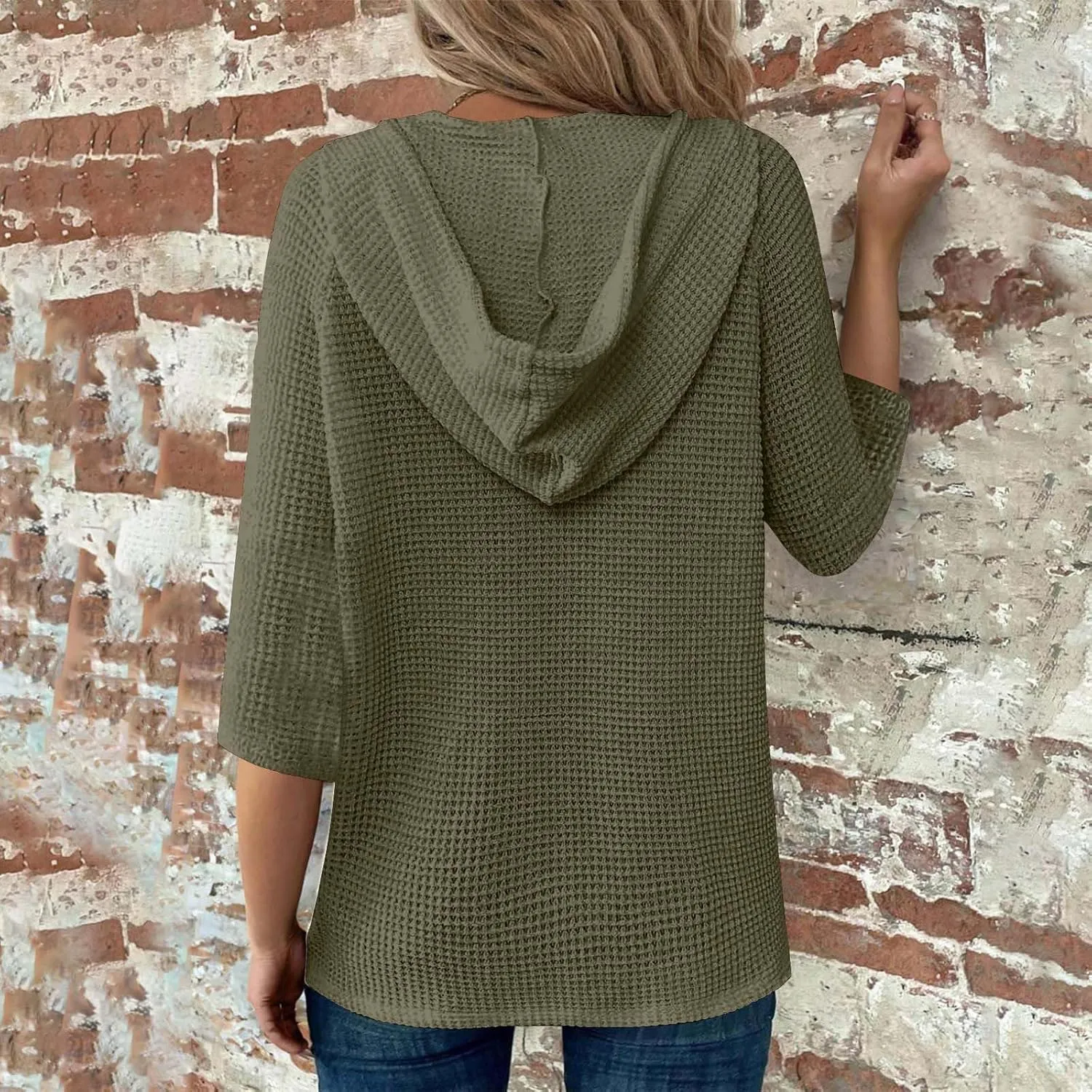 Henley Shirts for Women 3/4 Length Sleeve Button Summer Waffle Hoodies Pullover Cute Vneck Tops Elbow Sleeve Shirts
