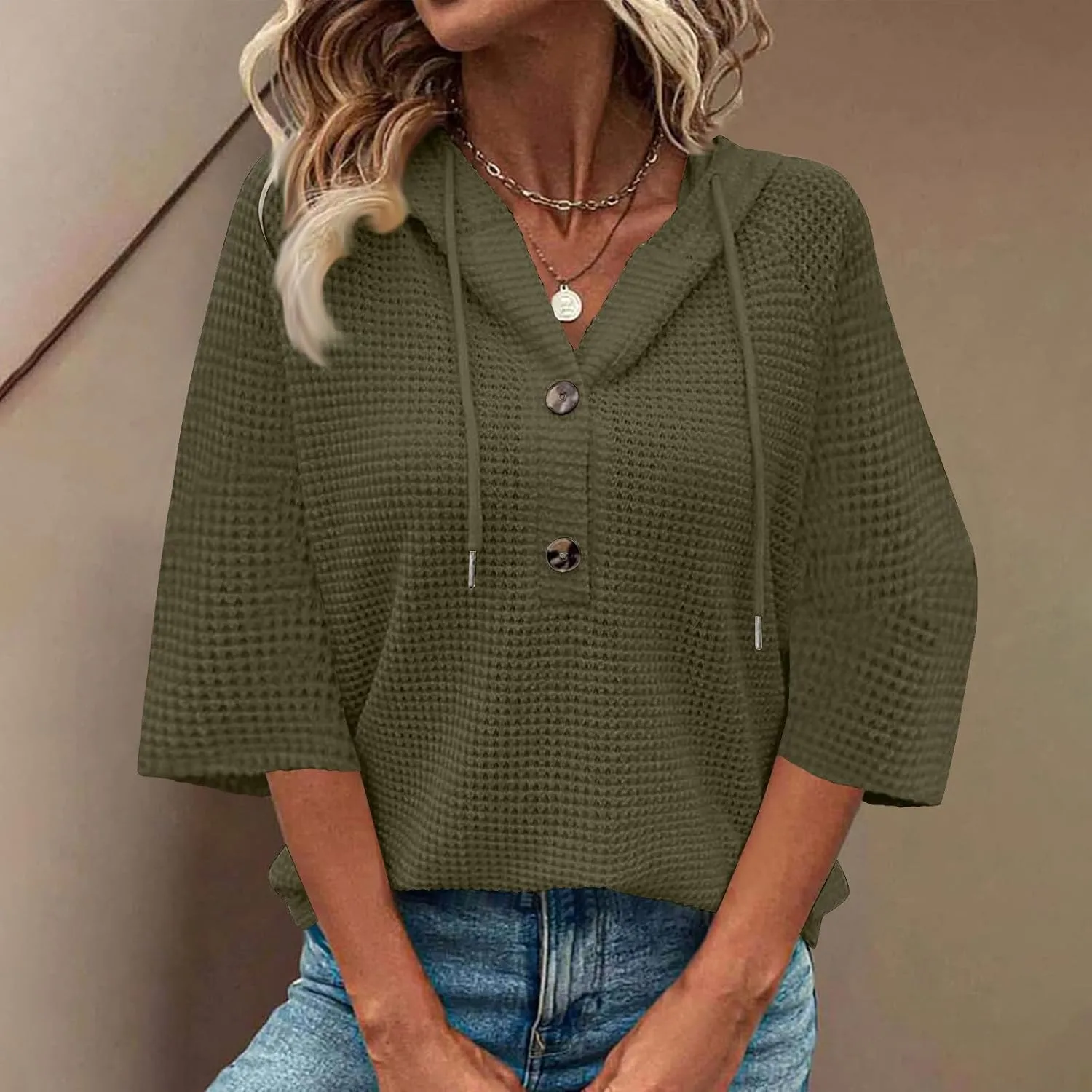 Henley Shirts for Women 3/4 Length Sleeve Button Summer Waffle Hoodies Pullover Cute Vneck Tops Elbow Sleeve Shirts