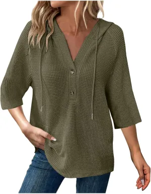 Henley Shirts for Women 3/4 Length Sleeve Button Summer Waffle Hoodies Pullover Cute Vneck Tops Elbow Sleeve Shirts