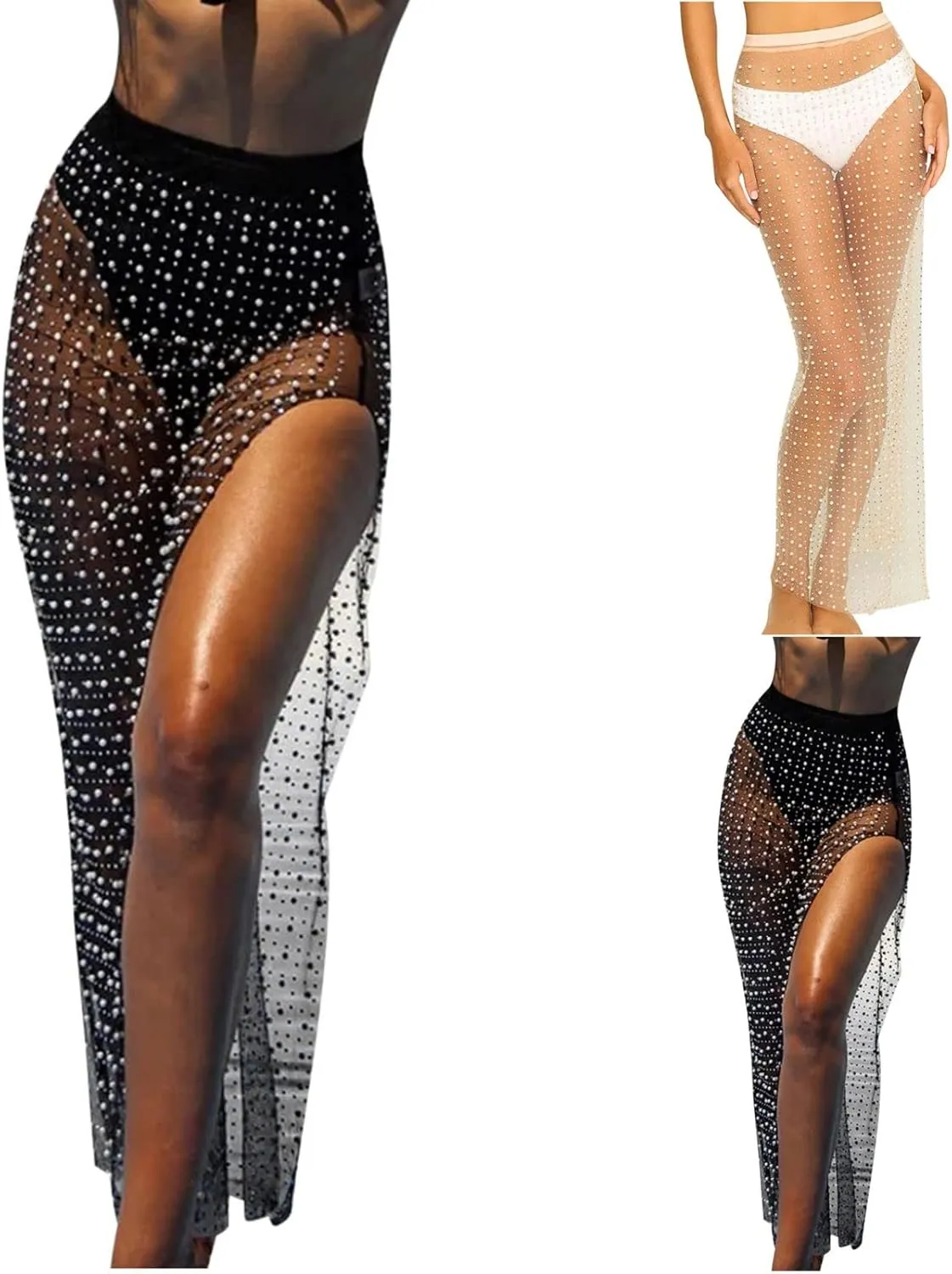 HGps8w Sexy Women's Sheer Mesh Pearl Rhinestone Side Split Maxi Skirt Summer Beachwear Swimsuit Bikini Cover Up Skirts