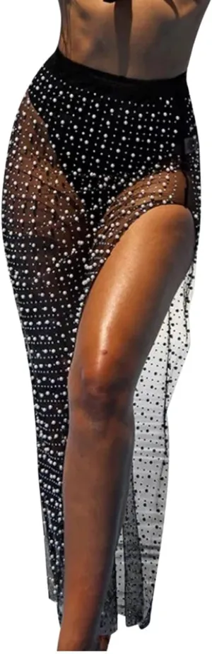 HGps8w Sexy Women's Sheer Mesh Pearl Rhinestone Side Split Maxi Skirt Summer Beachwear Swimsuit Bikini Cover Up Skirts