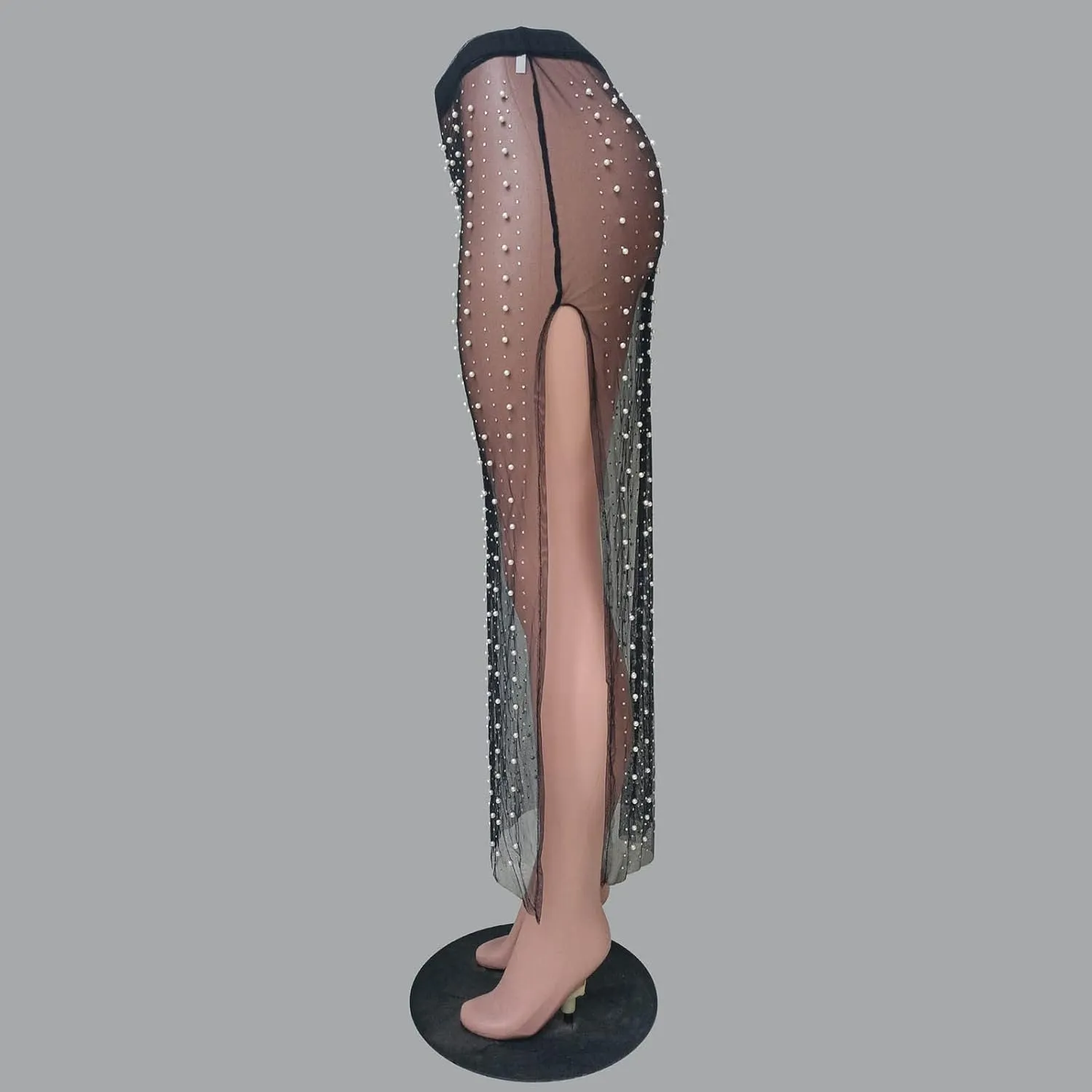 HGps8w Sexy Women's Sheer Mesh Pearl Rhinestone Side Split Maxi Skirt Summer Beachwear Swimsuit Bikini Cover Up Skirts