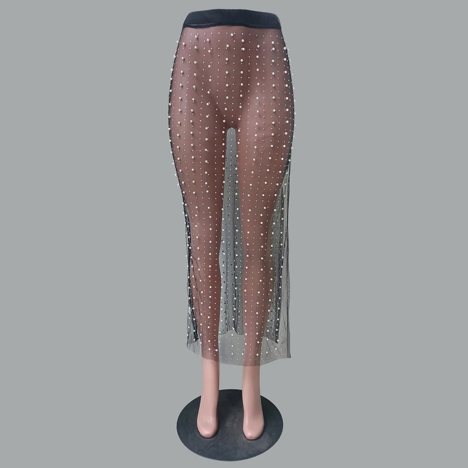 HGps8w Sexy Women's Sheer Mesh Pearl Rhinestone Side Split Maxi Skirt Summer Beachwear Swimsuit Bikini Cover Up Skirts