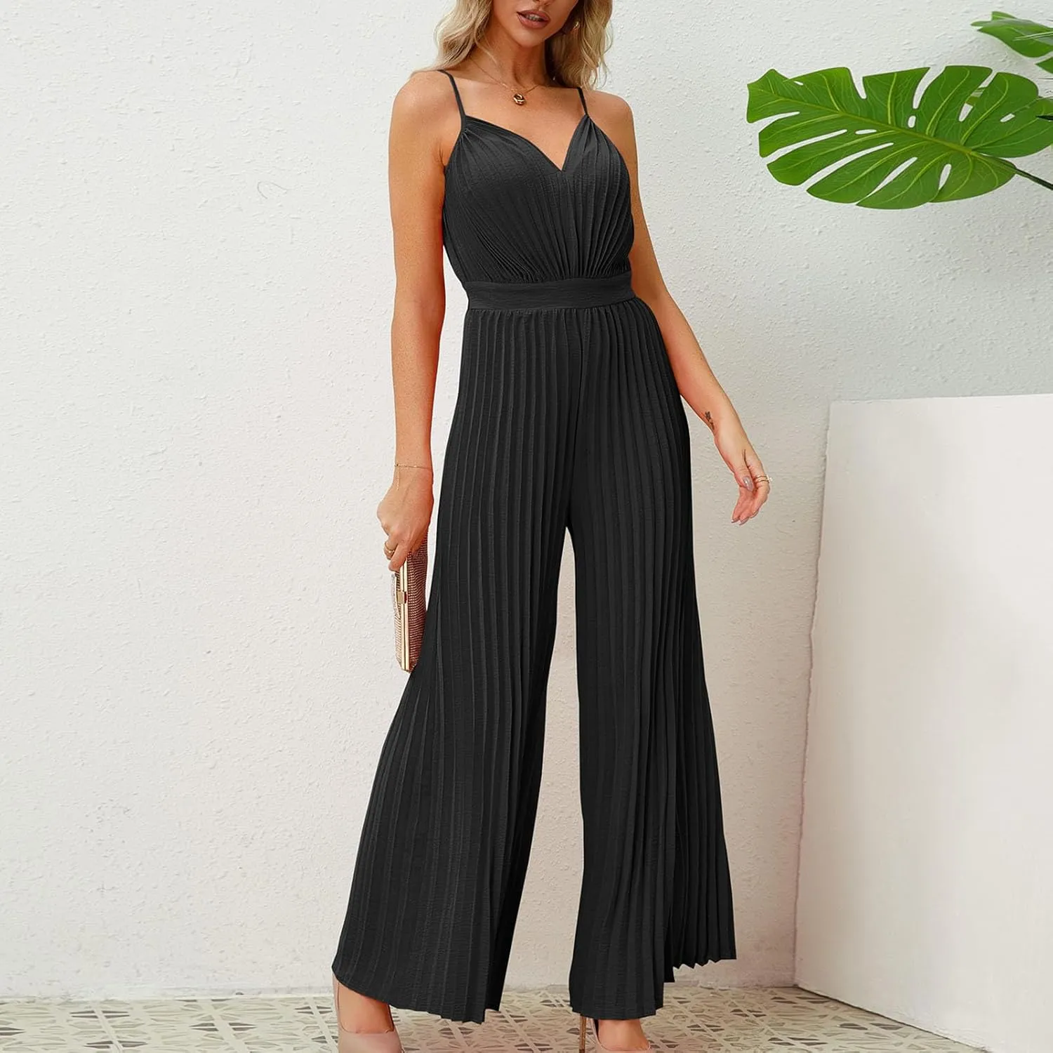HGps8w Women's 2025 Summer Dressy Pleated Jumpsuits Spaghetti Strap V Neck Sleeveless Business Casual Wide Leg Pants Romper
