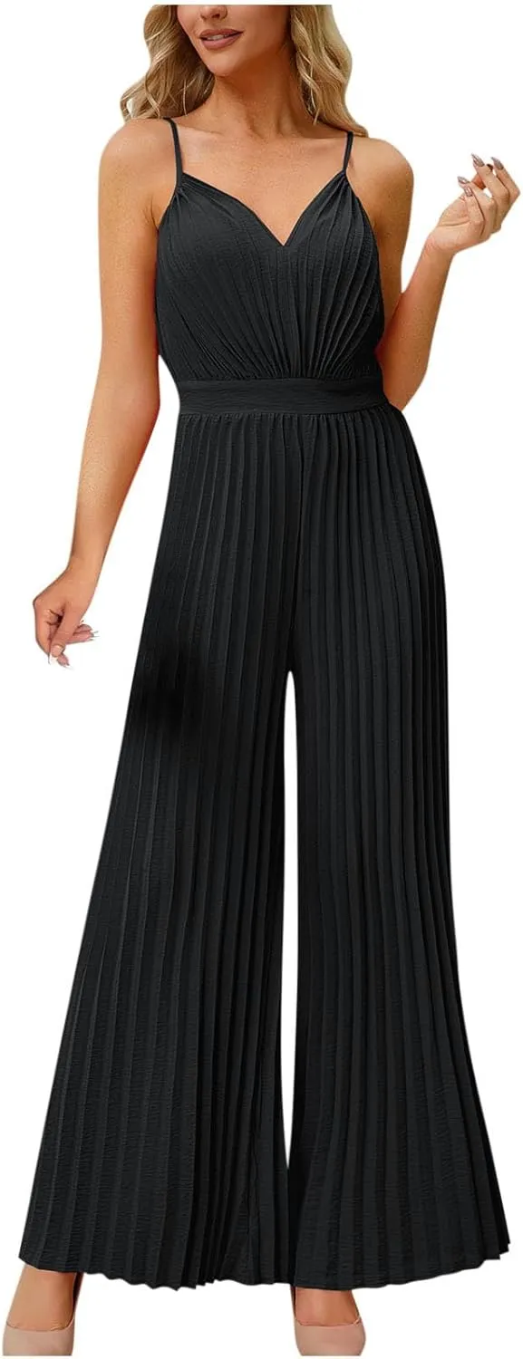 HGps8w Women's 2025 Summer Dressy Pleated Jumpsuits Spaghetti Strap V Neck Sleeveless Business Casual Wide Leg Pants Romper