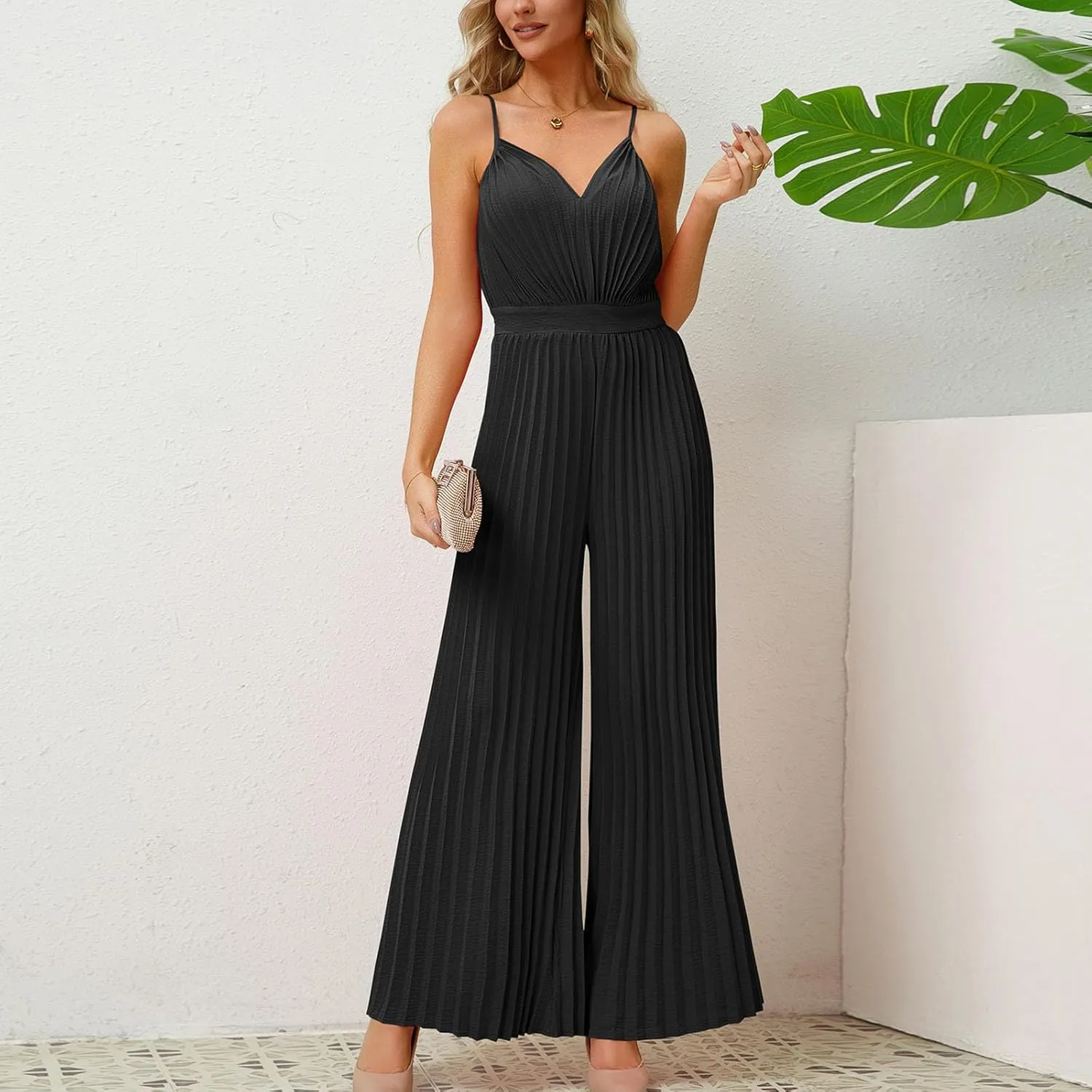 HGps8w Women's 2025 Summer Dressy Pleated Jumpsuits Spaghetti Strap V Neck Sleeveless Business Casual Wide Leg Pants Romper