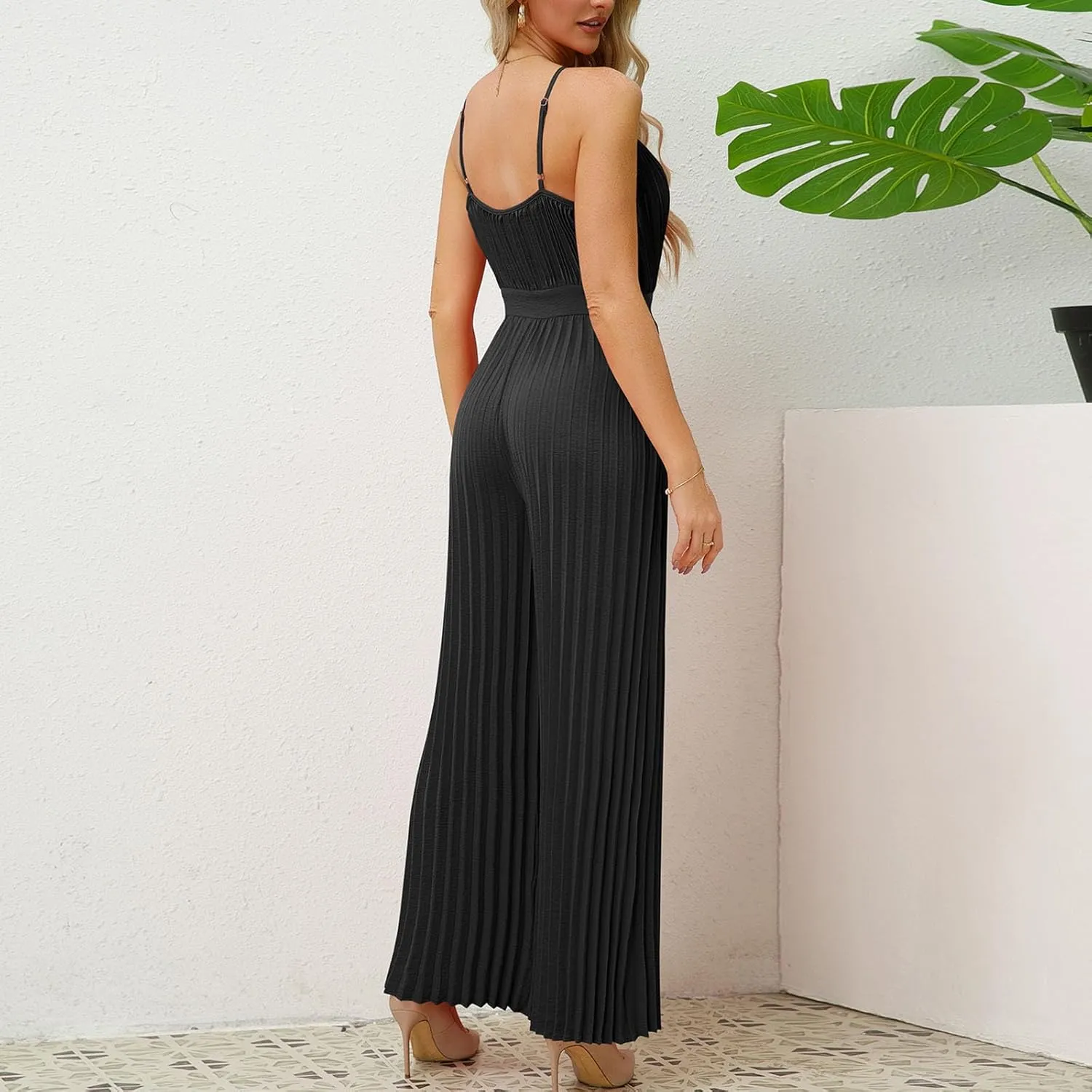 HGps8w Women's 2025 Summer Dressy Pleated Jumpsuits Spaghetti Strap V Neck Sleeveless Business Casual Wide Leg Pants Romper