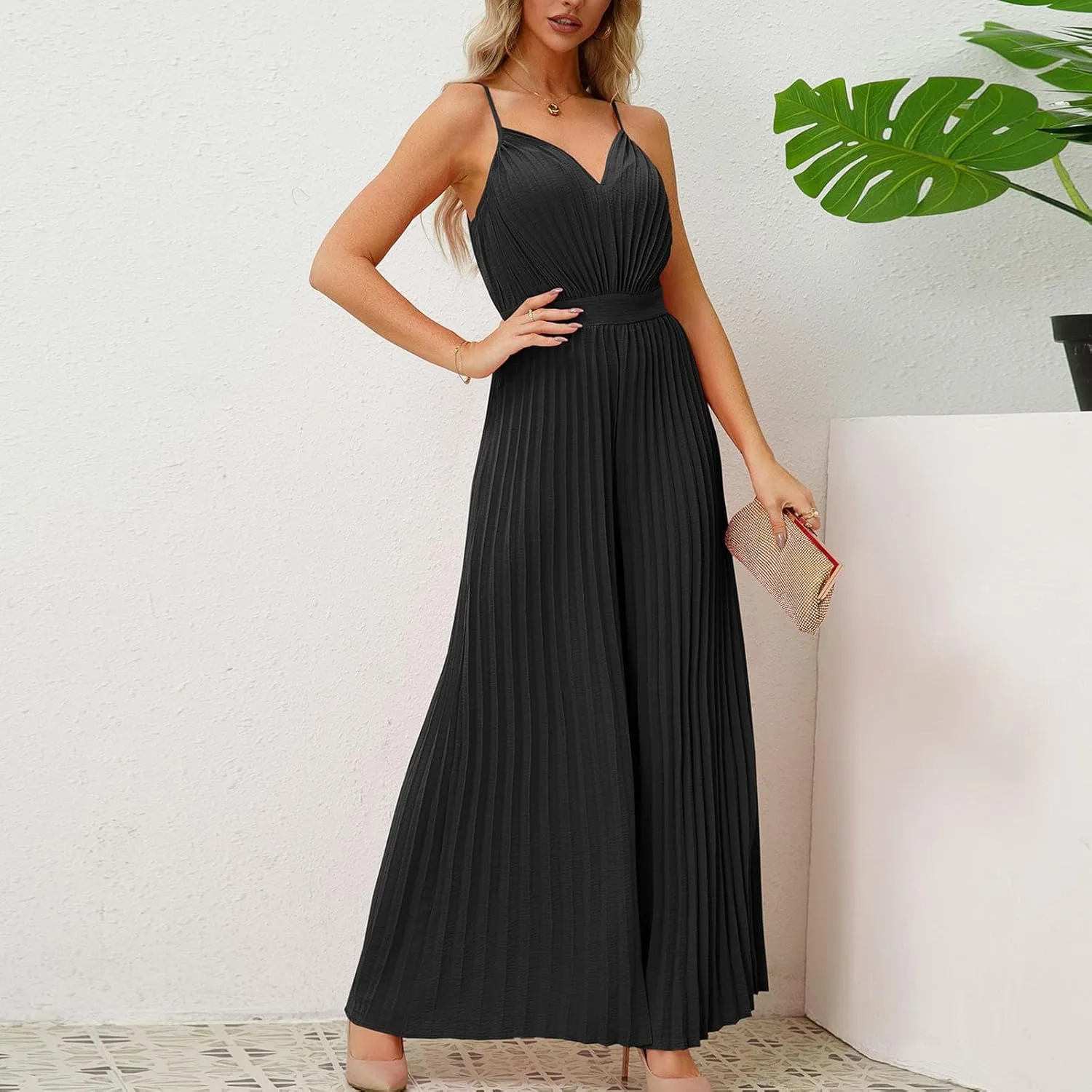 HGps8w Women's 2025 Summer Dressy Pleated Jumpsuits Spaghetti Strap V Neck Sleeveless Business Casual Wide Leg Pants Romper