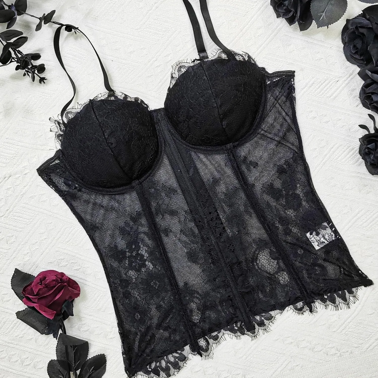HGps8w Women's Underwire Corset Tops Sexy Lace Patchwork Sheer Camisole Going Out Sleeveless Slim Fit Crop Bustier Shirts