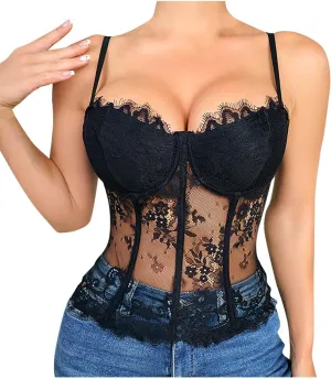HGps8w Women's Underwire Corset Tops Sexy Lace Patchwork Sheer Camisole Going Out Sleeveless Slim Fit Crop Bustier Shirts