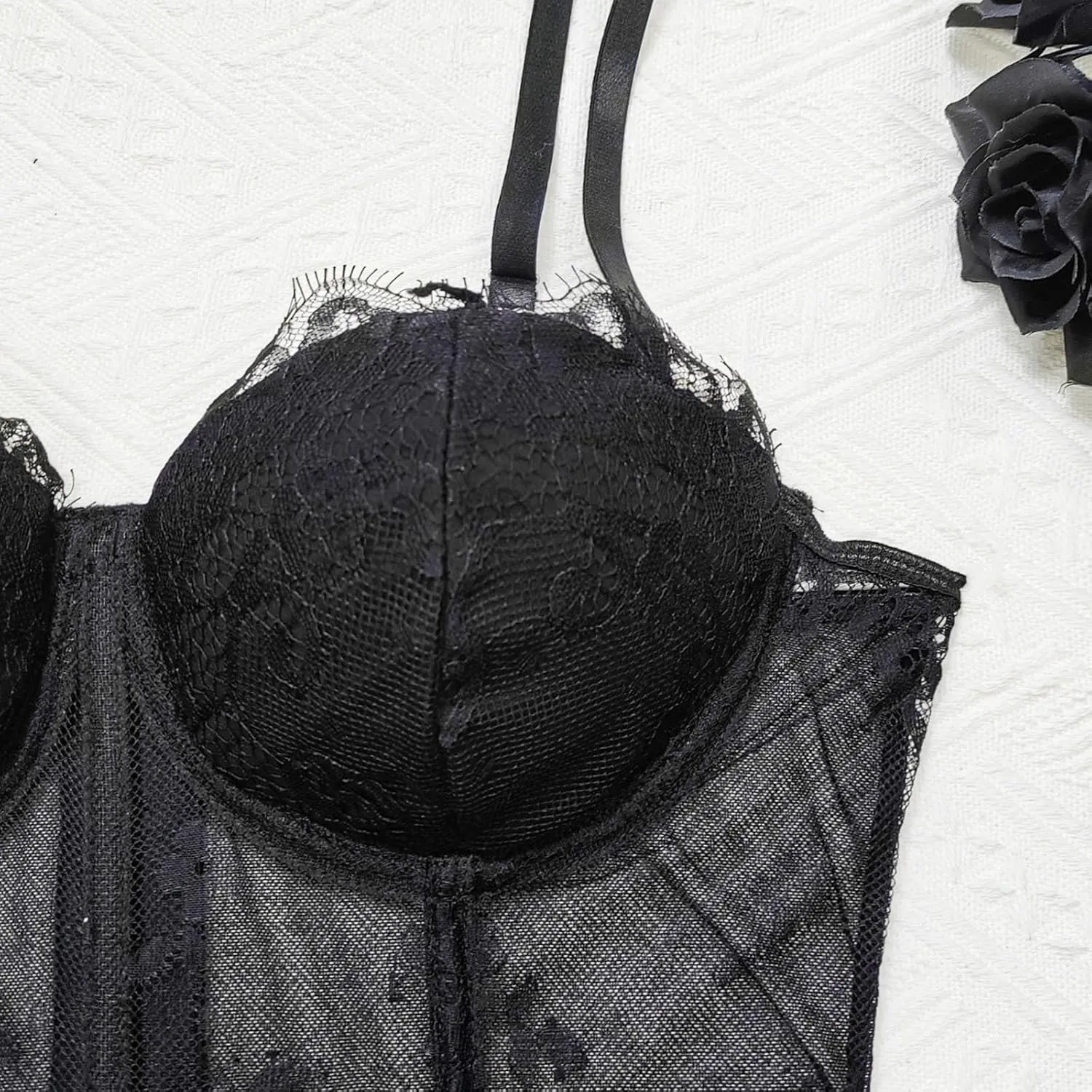 HGps8w Women's Underwire Corset Tops Sexy Lace Patchwork Sheer Camisole Going Out Sleeveless Slim Fit Crop Bustier Shirts