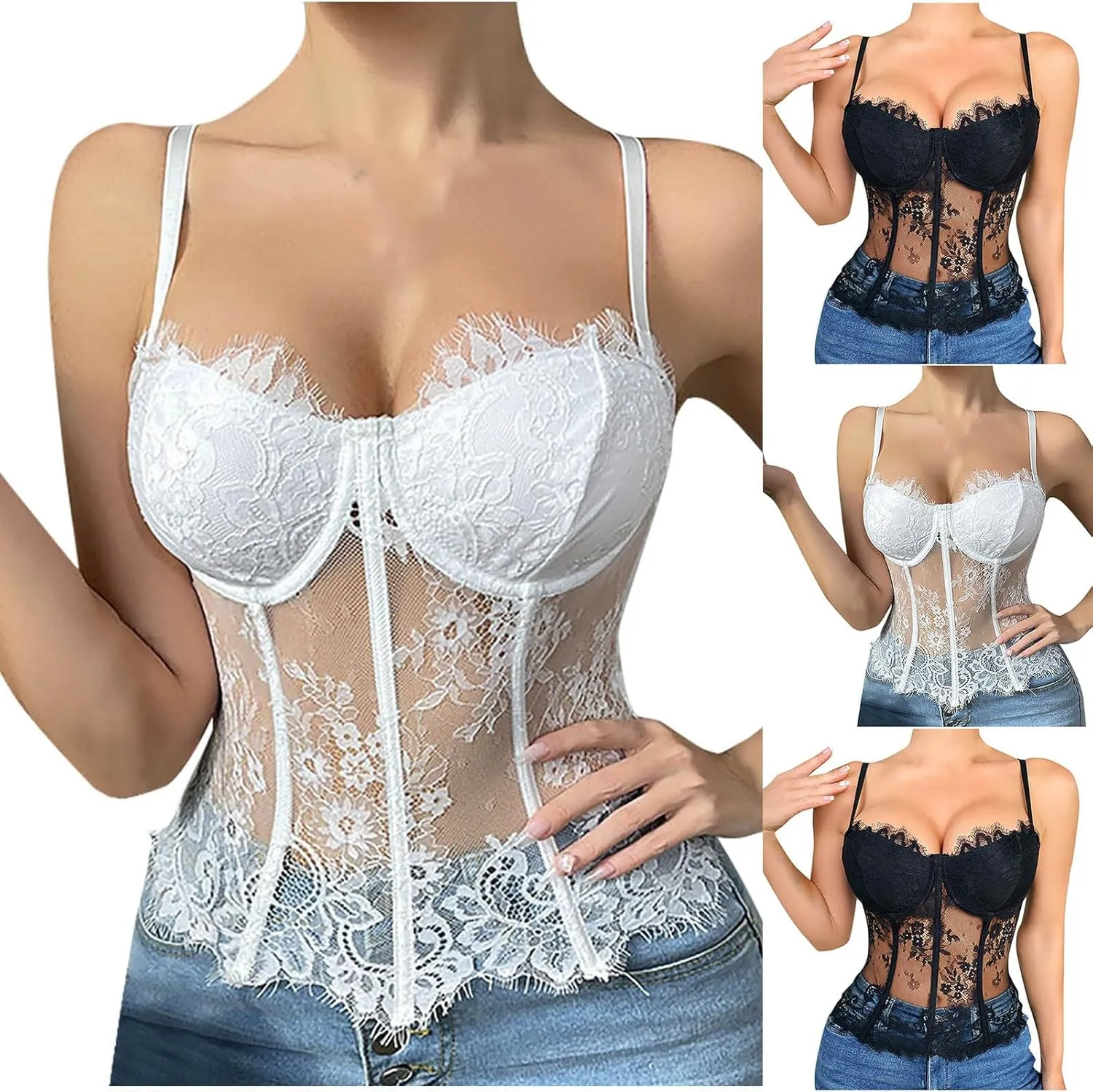HGps8w Women's Underwire Corset Tops Sexy Lace Patchwork Sheer Camisole Going Out Sleeveless Slim Fit Crop Bustier Shirts