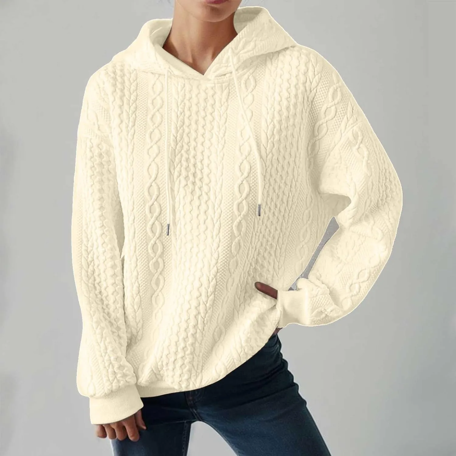 Hooded Sweatshirt Women Pullover Drawstring Loose Sweaters Trendy Oversized Long Sleeve Shirt Solid Top with Pocket