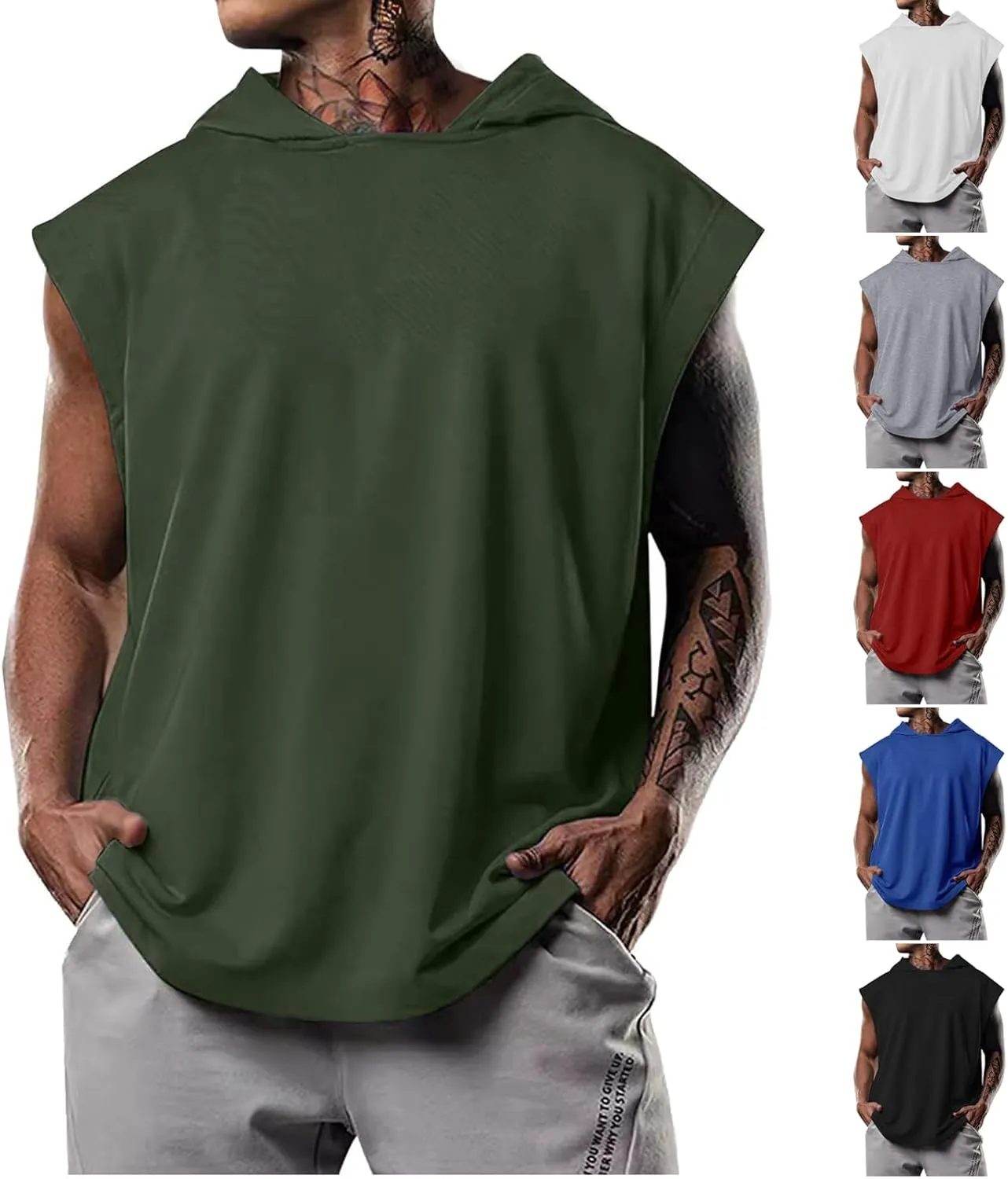 Hooded Tank Tops for Men Sleeveless Cut Off Summer Workout T Shirt Muscle Bodybuilding Gym Hoodies Loose Fit Tees