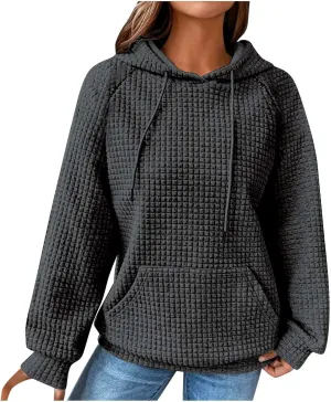 Hoodies for Women Long Sleeve Waffle Knit Sweatshirt Oversized Drawstring Hoodie Loose Hoodie Sweatshirt with Pocket