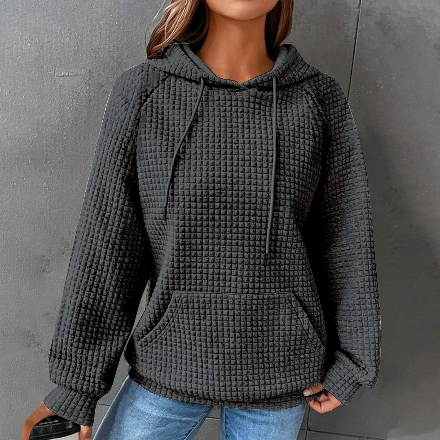 Hoodies for Women Long Sleeve Waffle Knit Sweatshirt Oversized Drawstring Hoodie Loose Hoodie Sweatshirt with Pocket