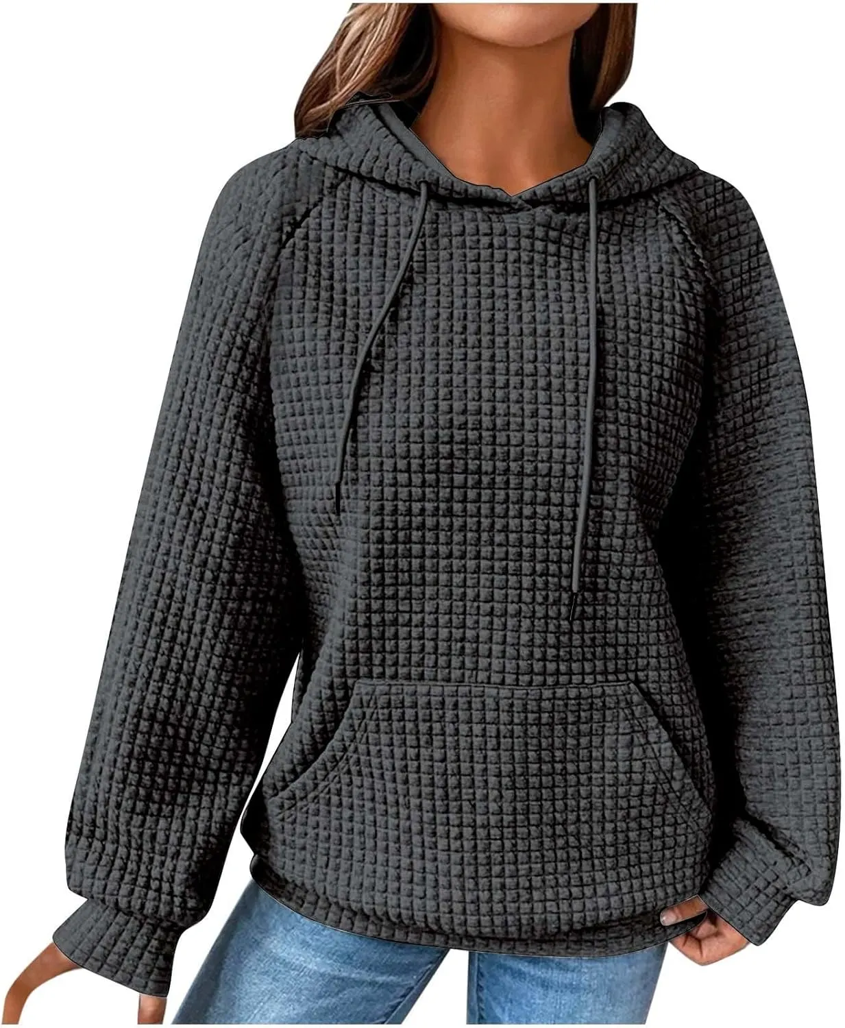 Hoodies for Women Long Sleeve Waffle Knit Sweatshirt Oversized Drawstring Hoodie Loose Hoodie Sweatshirt with Pocket
