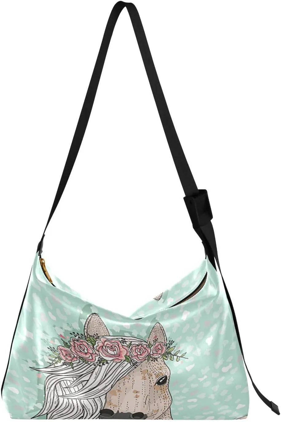 Horse Flower Hobo Crossbody Bags for Women Leather Large Shoulder Bag Cross Body Floral Trendy Womens Tote Bags Handbag for Travel Shopping