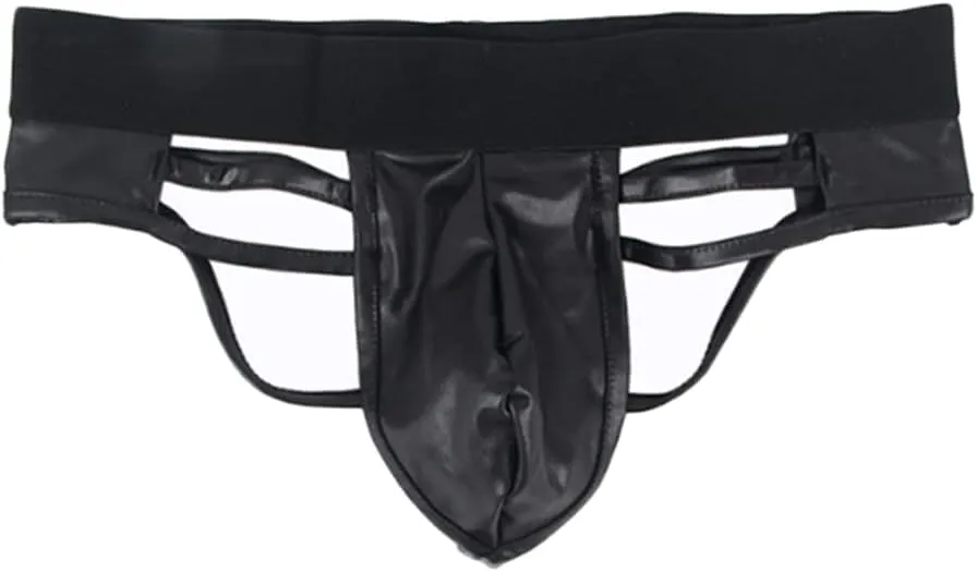 HSQSMWJ Mens Leather G-String Thong Sexy Hollow Out Double Low Brief Bikinis Underwear