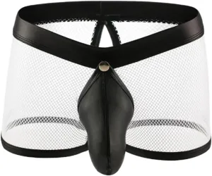 HSQSMWJ Men's See Through Sexy Mesh With Faux Leather Loose Shorts Pants Erotic Clubwear Bikinis Underwear Briefs