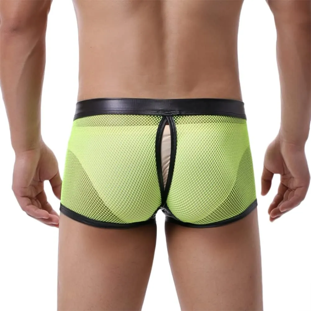 HSQSMWJ Men's See Through Sexy Mesh With Faux Leather Loose Shorts Pants Erotic Clubwear Bikinis Underwear Briefs