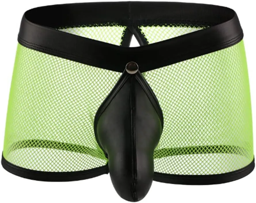 HSQSMWJ Men's See Through Sexy Mesh With Faux Leather Loose Shorts Pants Erotic Clubwear Bikinis Underwear Briefs