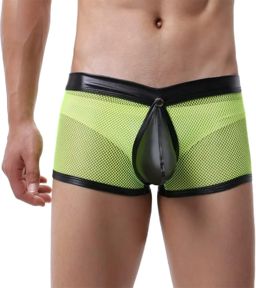 HSQSMWJ Men's See Through Sexy Mesh With Faux Leather Loose Shorts Pants Erotic Clubwear Bikinis Underwear Briefs